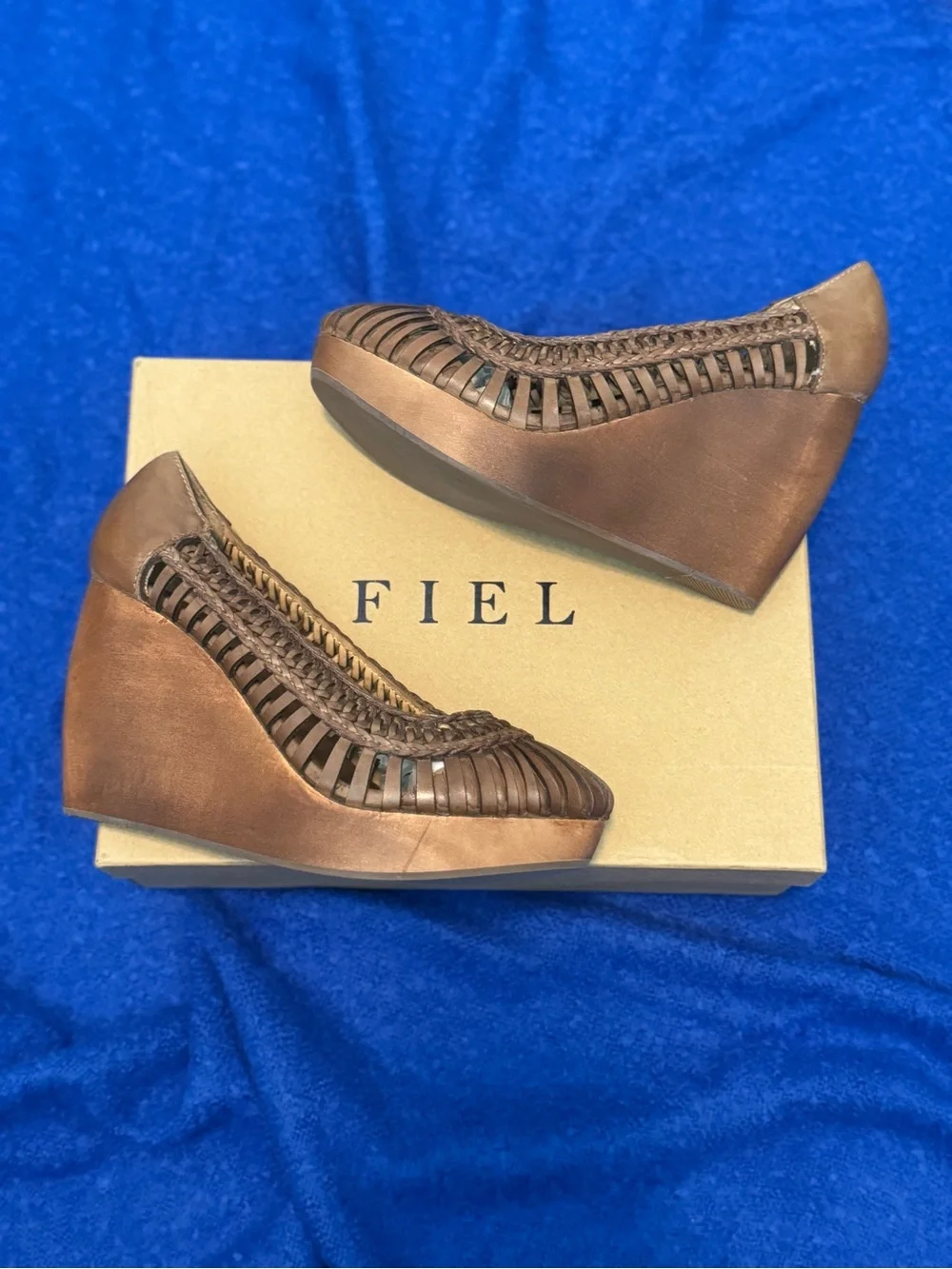 FIEL Brown Braided Leather Women's Wooden Wedges - New with Box